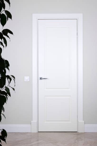 istock White door and switch on a light gray wall. The bright elements of the interior 898971690