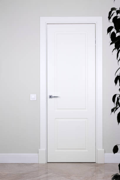 istock White door and switch on a light gray wall. The bright elements of the interior 898971792