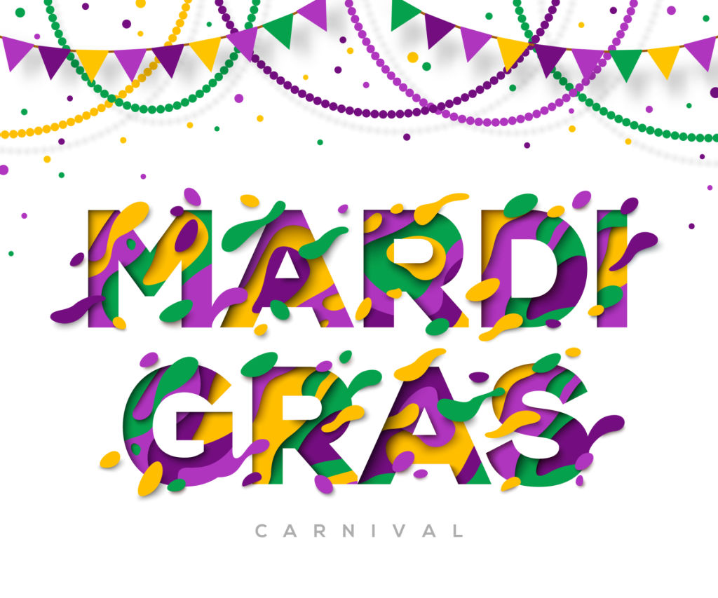 Carnival Mardi Gras greeting card with typography design and abstract paper cut shapes. Vector illustration. Colorful 3D carving art. Mardi gras beads and garlands