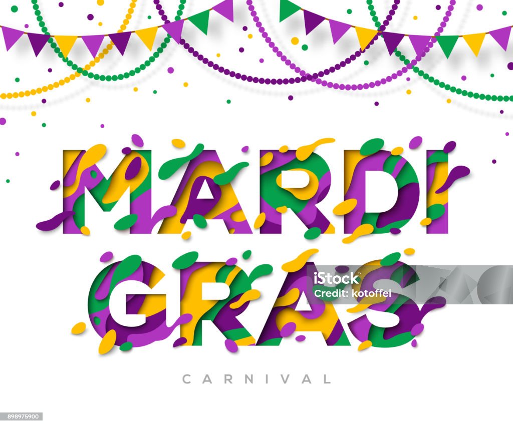 Carnival Mardi Gras greeting card with typography design Carnival Mardi Gras greeting card with typography design and abstract paper cut shapes. Vector illustration. Colorful 3D carving art. Mardi gras beads and garlands Mardi Gras stock vector