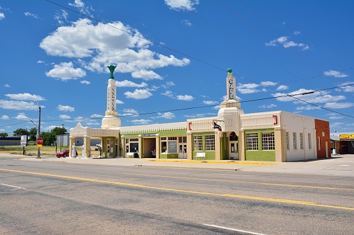 Shamrock, Texas - July 20, 2017: Art deco U-Drop Inn Conoco Station (Tower Station) on Route 66. Appeared in the animated movie 