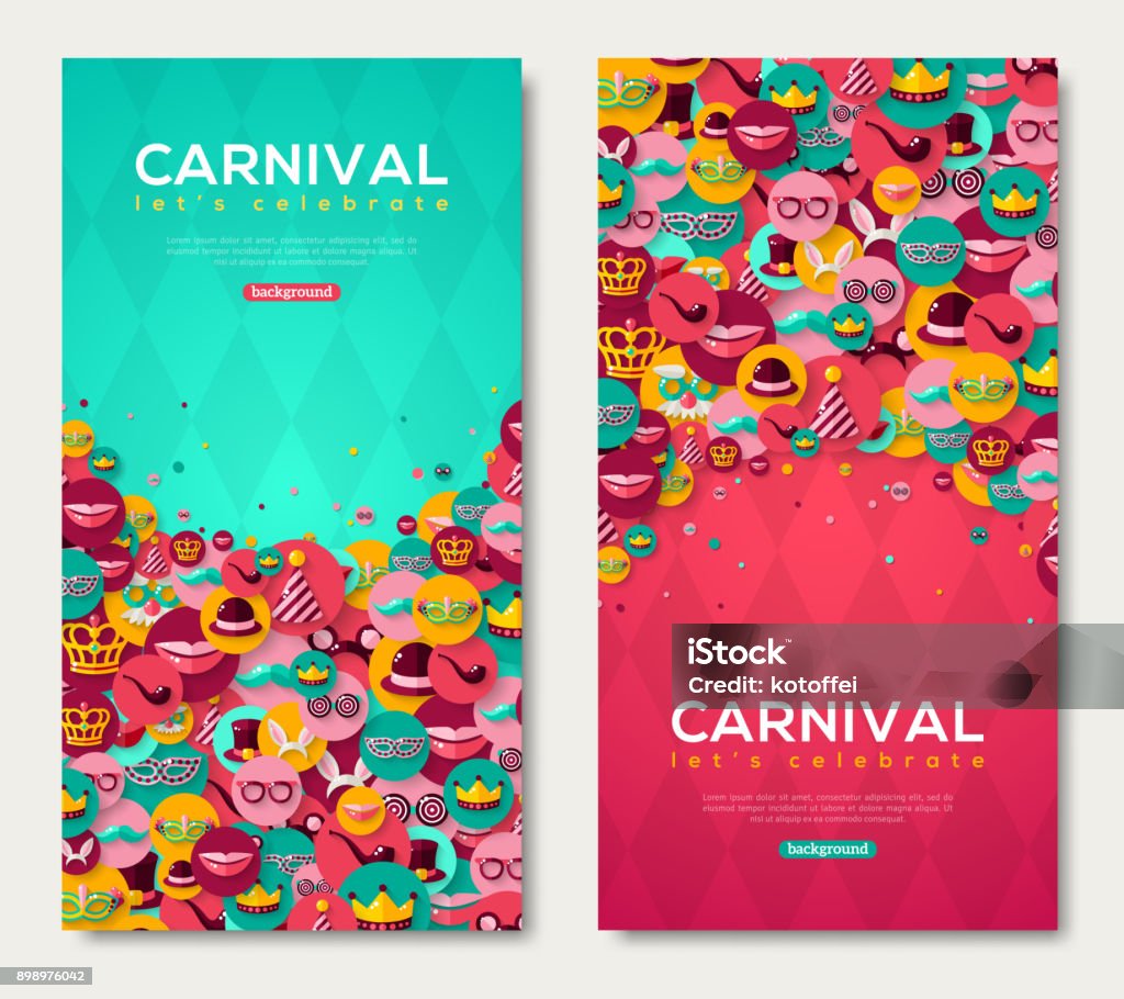 Carnival Vertical Banners With Flat Icons in Circles Carnival Vertical Banners Set With Flat Icons in Circles on Pink and Blue Textured Backdrop. Vector illustration. Masquerade Ball Concept. Poster, flyer or invitation design, Funfair funny tickets. Traditional Festival stock vector