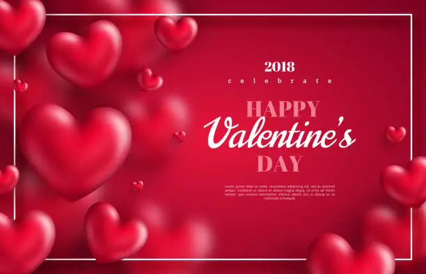 Vector illustration of hearts on red background with thin frame