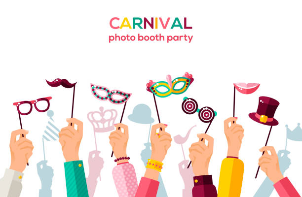 Carnival banner with carnaval masks on white Carnival banner with hands holding carnaval masks. Vector illustration. Masquerade Concept, photo booth party poster carnival mask women party stock illustrations