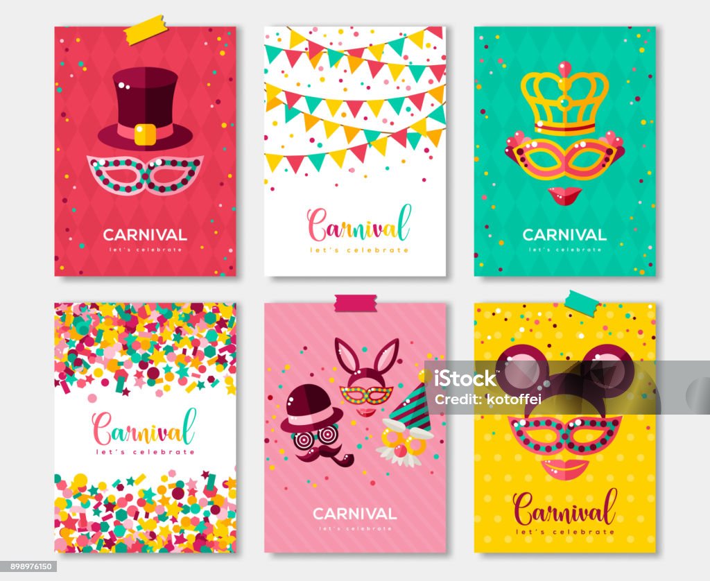 Diseño de conjunto, folleto o invitación de coloridos carteles carnaval - arte vectorial de Fondos libre de derechos