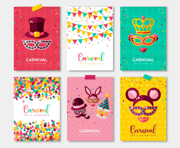 ilustraciones, imágenes clip art, dibujos animados e iconos de stock de diseño de conjunto, folleto o invitación de coloridos carteles carnaval - photo booth