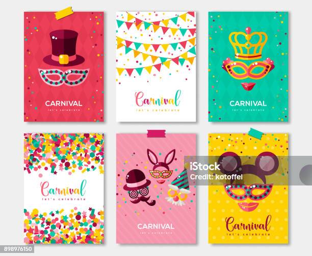 Vetores de Projeto De Conjunto Panfleto Ou Convite De Cartazes Coloridos De Carnaval e mais imagens de Plano de Fundo