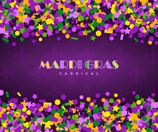carnival mardi gras confetti on dark background Colorful carnival mardi gras confetti greeting card. Vector illustration. Violet, green and yellow small sequins salute on dark background. Place for your text message. Party invitation mardi gras flyer stock illustrations