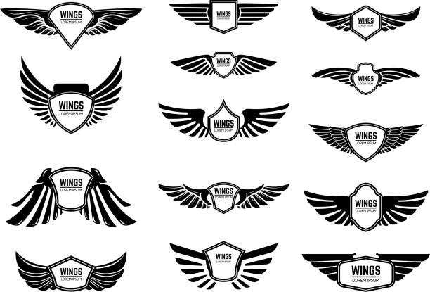 ilustraciones, imágenes clip art, dibujos animados e iconos de stock de conjunto de emblemas en blanco con las alas. elementos de diseño para el emblema, signo, etiqueta. - ala de animal