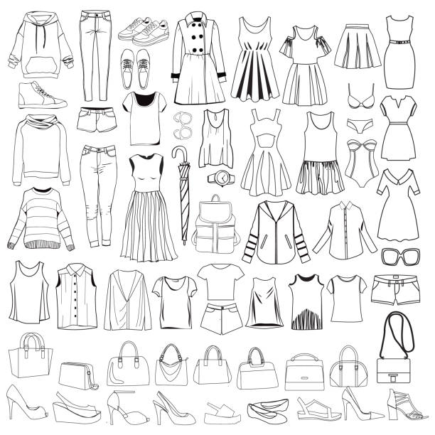 ilustrações, clipart, desenhos animados e ícones de doodles moda roupas femininas e acessórios, entrega a coleção doodle desenhado. - skirt clothing vector personal accessory