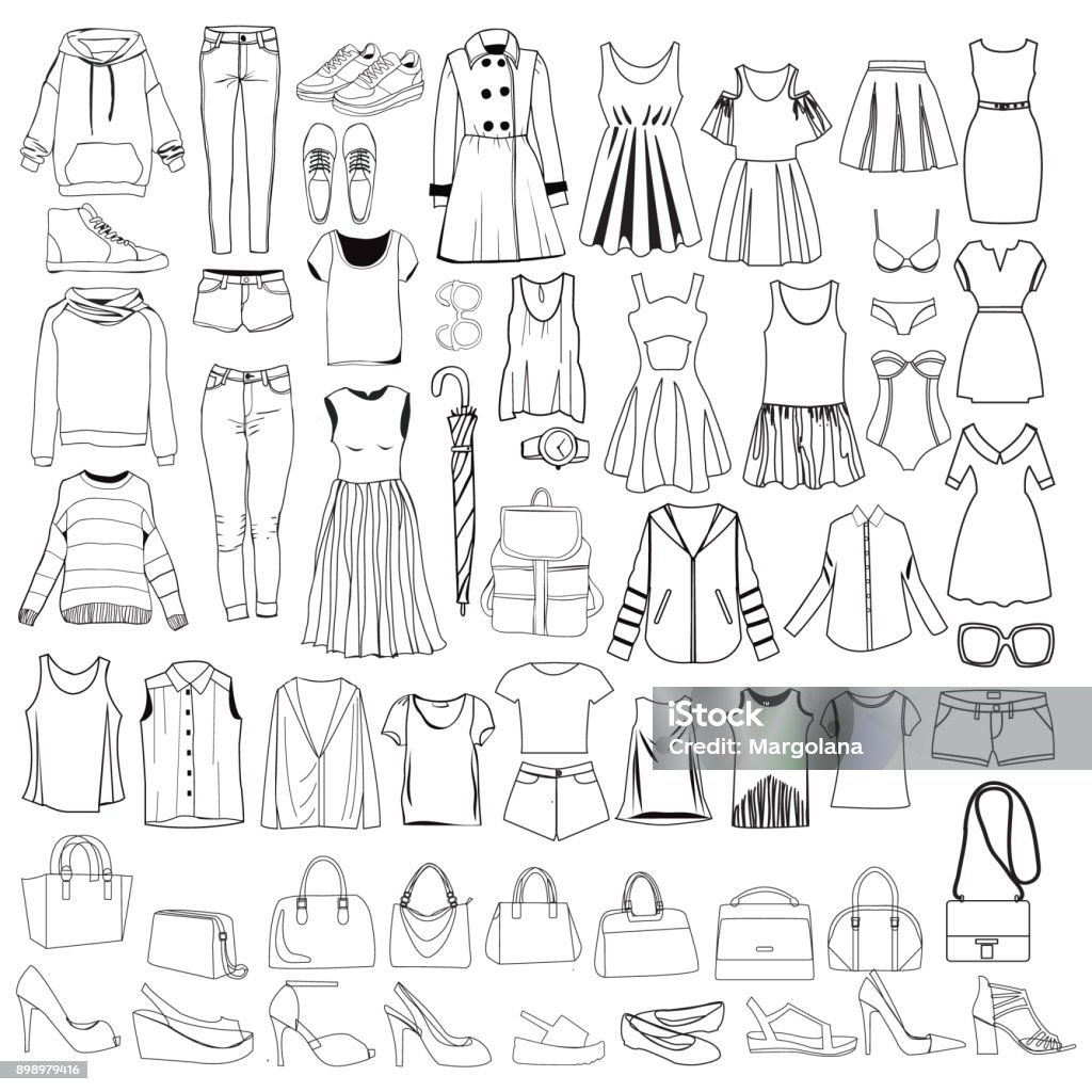 doodles of fashionable Women clothes and accessories, hand drawn doodle collection. Vector set with hand drawn doodles of fashionable Women clothes and accessories, hand drawn doodle collection. Sketches for use in design Clothing stock vector