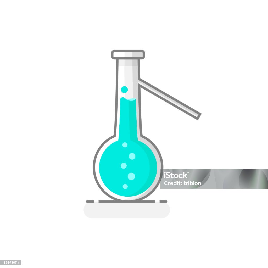 Scientific Distillation Flask Round Bottom with chemical liquid -  Laboratory glassware icon 18. Flat design concept. Vector illustration. Acid stock vector