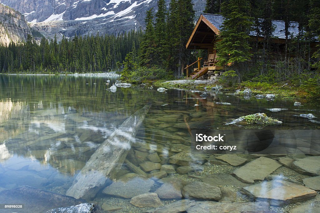 Log Cabin en el bosque en un lago - Foto de stock de Cabaña de madera libre de derechos