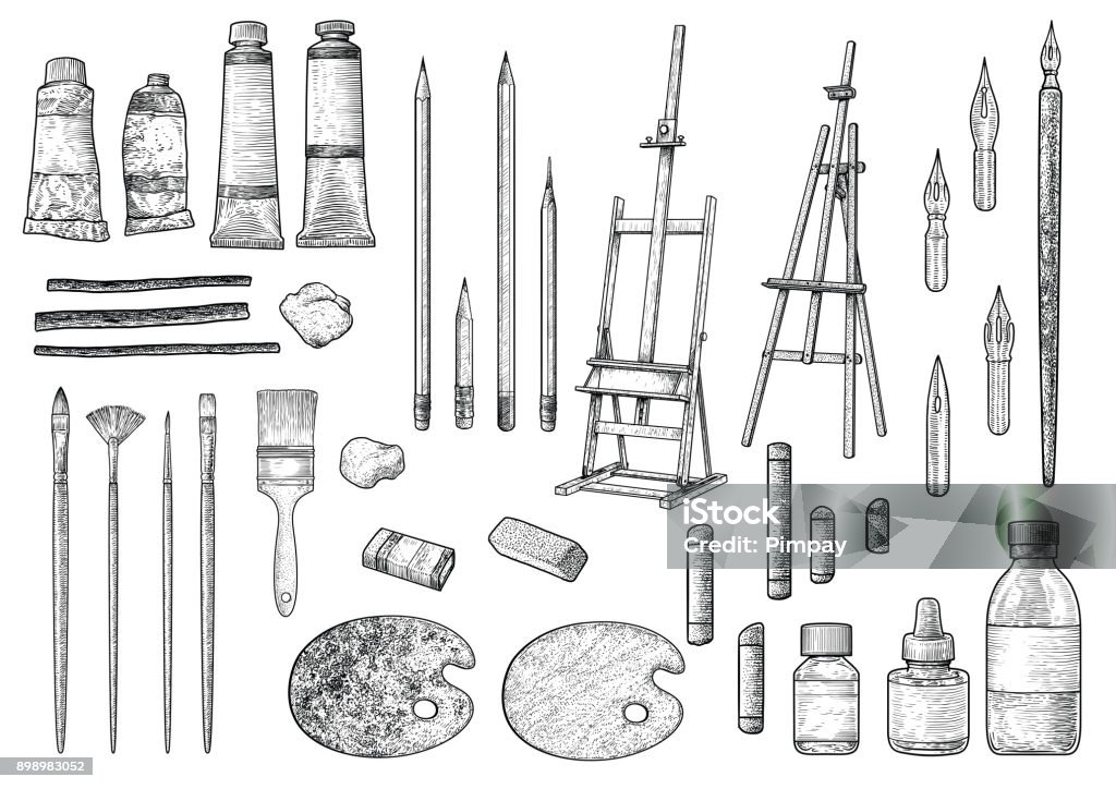 Artist tool collection illustration, drawing, engraving, ink, line art, vector Illustration, what made by ink, then it was digitalized. Engraving stock vector