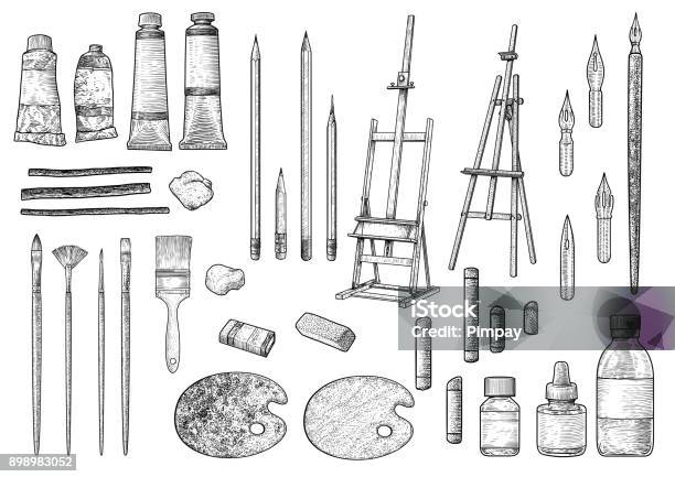 Artist Tool Collection Illustration Drawing Engraving Ink Line Art Vector Stock Illustration - Download Image Now