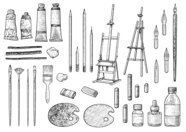 Vector illustration of Artist tool collection illustration, drawing, engraving, ink, line art, vector