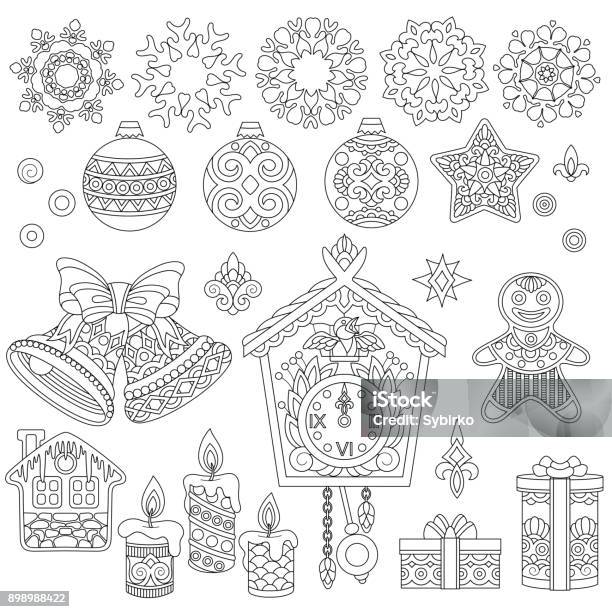 Collection Of Vintage Christmas Decorations Stock Illustration - Download Image Now - Coloring, Candle, Christmas
