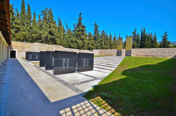 Kaisariani Athens Greece, April 4 2016: memorial at Kaisariani shooting range, of 200 Greek communists, executed by the Nazi occupation authorities on 1st May 1944. Editorial use.