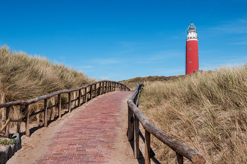 path with red clinker bricks leading over the dunes to the lighthouse in Texel on a cloudless summer day - Netherlands