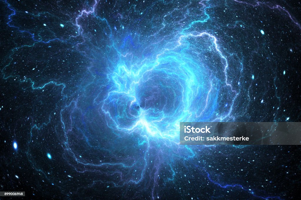 Blue glowing giant lightning energy field in space Blue glowing giant lightning energy field in space, computer generated abstract background, 3D rendering Outer Space Stock Photo