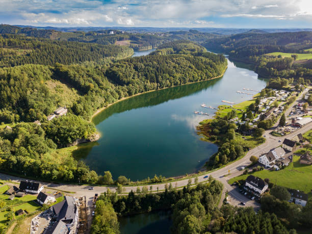 Aerial view of the agger dam in Gummersbach-Lantenbach stock photo