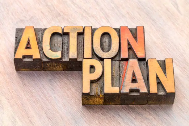 action plan word abstract in vintage lettepress wood type