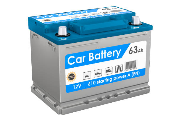 car battery closeup, 3d rendering isolated on white background - car battery imagens e fotografias de stock
