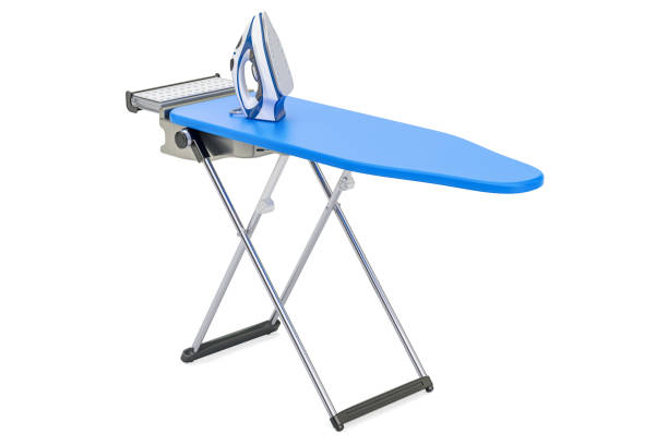 istock Electric steam iron on the ironing board, 3D rendering isolated on white background 899016540