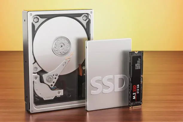 Solid state drive SSD, Hard Disk Drive HDD and M2 SSD on the wooden table, 3D rendering