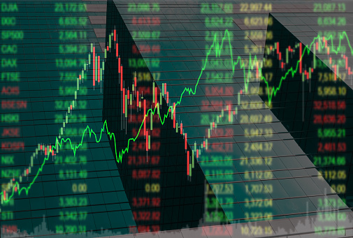 investment property concept. up trend line graph stock market and bar chart volume trading with index funds property in stock exchange board