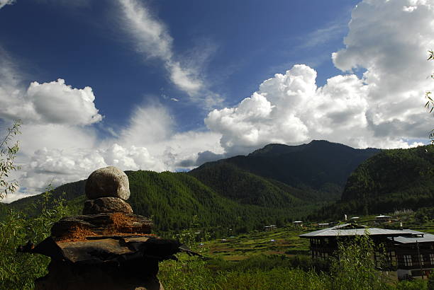 View from the foot of Drugyel Dzong in Bhutan stock photo