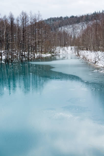 istock Blue pond which began to freeze in Biei 899032954