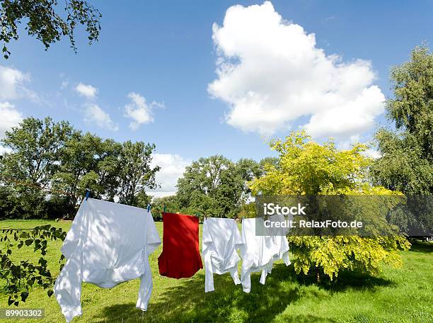 Stendino Con Camicie Bianche E Rosse Allaperto In Giardino - Fotografie stock e altre immagini di Bianco