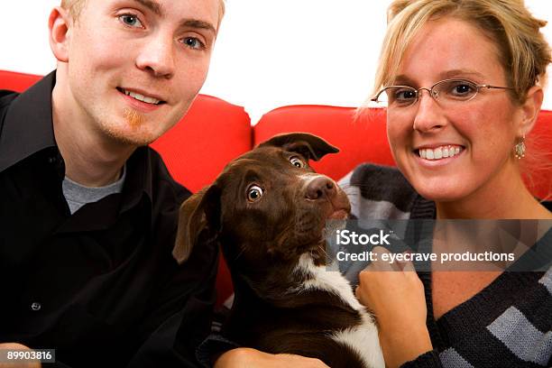 Young Married Couple And Puppy Scene Stock Photo - Download Image Now - Adult, Animal, Bonding