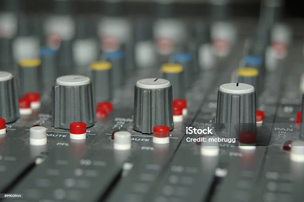audio mixing controls Detail of aux turning knobs on a audio mixing panel Adjusting Stock Photo