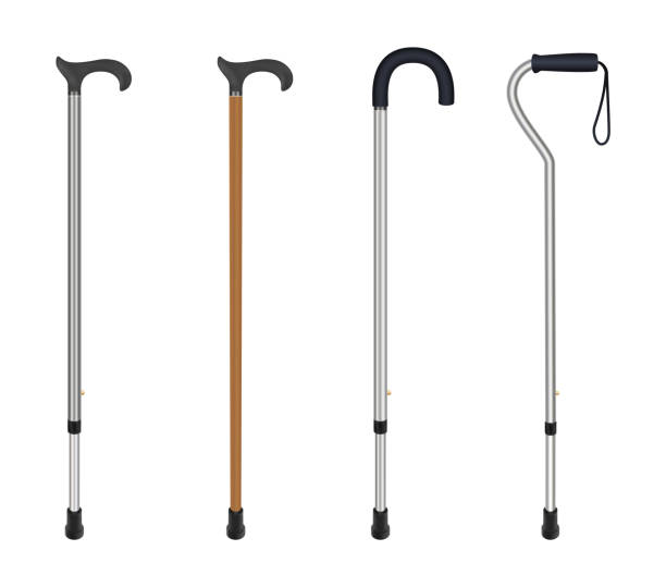 istock Wooden cane and aluminum telescopic canes with elegant handle, ergonomic handle and curved handle with  loop. Isolated objects on white background. Medicine and health. Vector illustrations. 899043002