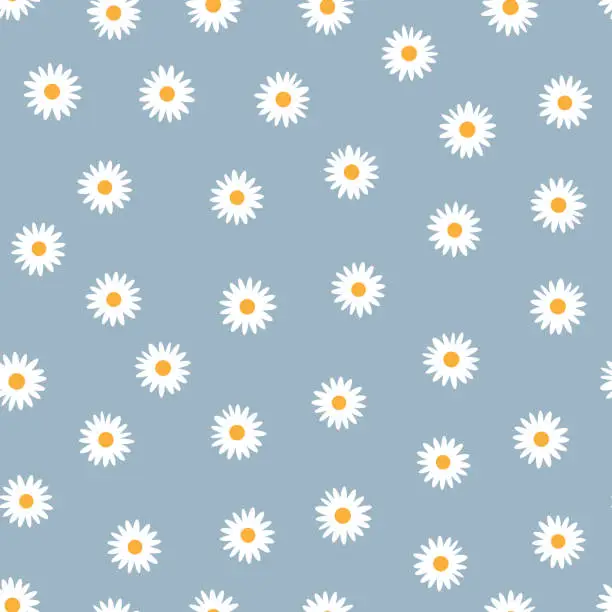 Vector illustration of Seamless floral pattern. White daisies on a blue background.