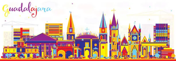 Vector illustration of Abstract Guadalajara Mexico City Skyline with Color Buildings.