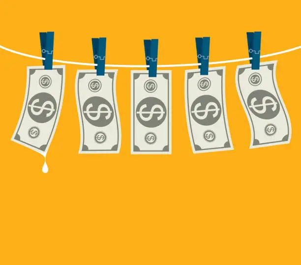 Vector illustration of Drying dollars hanging on a clothesline