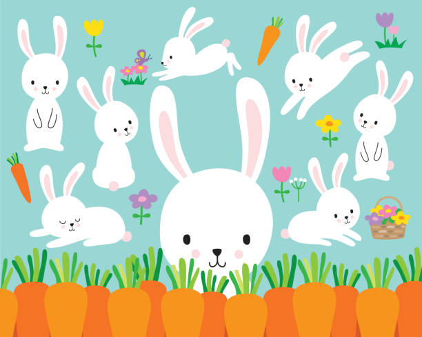 Cute White Easter Bunny Rabbit Vector Illustration Cute white easter bunny rabbit vector illustration and flowers. easter silhouettes stock illustrations