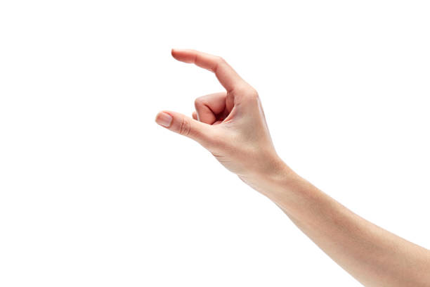 istock woman's hand measuring invisible items. Isolated on white 899059318