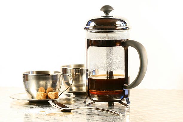 Coffee cups with french press stock photo