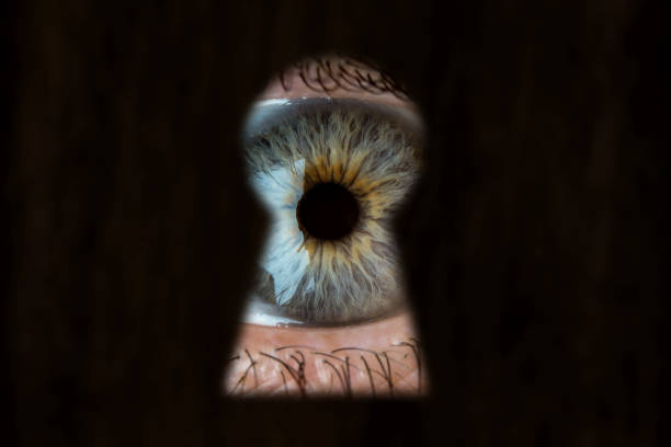 Female blue eye looking through the keyhole. Concept of voyeurism, curiosity, Stalker, surveillance and security stock photo