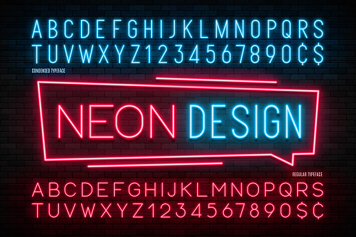 Neon light alphabet, realistic extra glowing font. 2 in 1. Exclusive swatch color control.