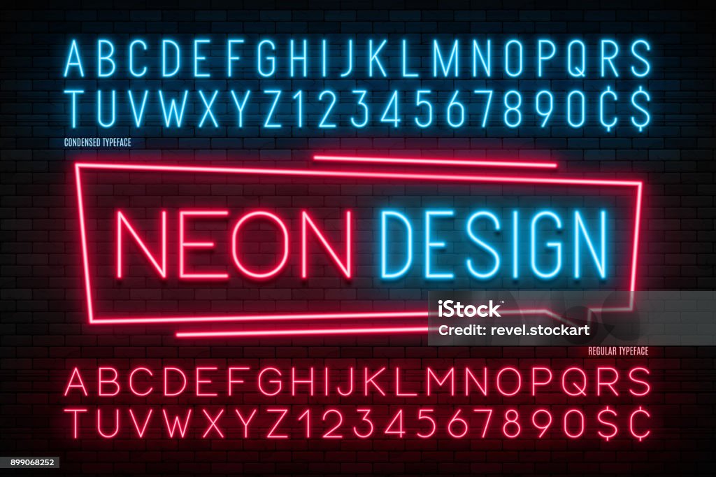 Neon light alphabet, realistic extra glowing font. 2 in 1 Neon light alphabet, realistic extra glowing font. 2 in 1. Exclusive swatch color control. Neon Lighting stock vector