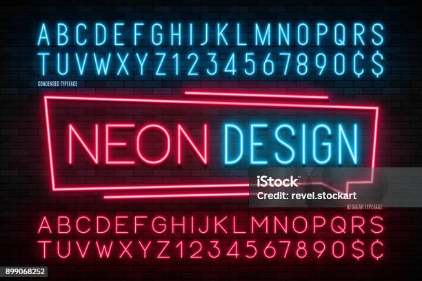 Neon Light Alphabet Realistic Extra Glowing Font 2 In 1 Stock Illustration - Download Image Now