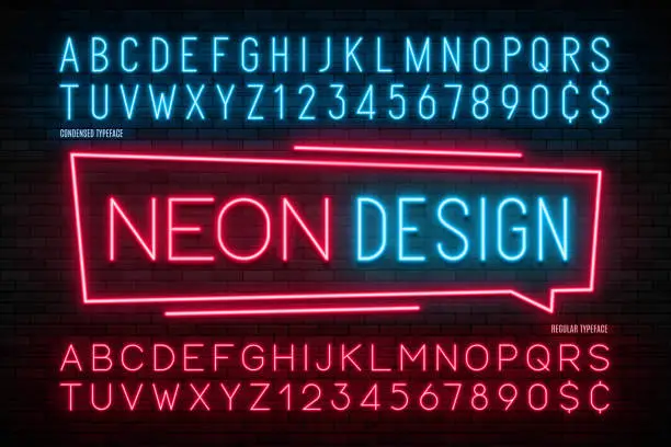 Vector illustration of Neon light alphabet, realistic extra glowing font. 2 in 1