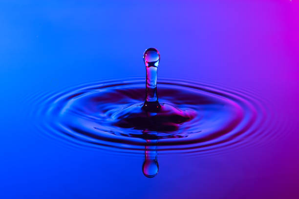 istock Water drop close up with concentric ripples on colourful blue and pink surface 899075180
