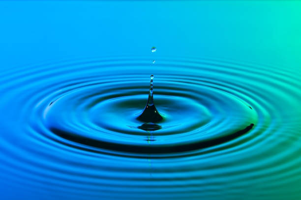 istock Water drop close up with concentric ripples on colourful blue and green surface 899075318