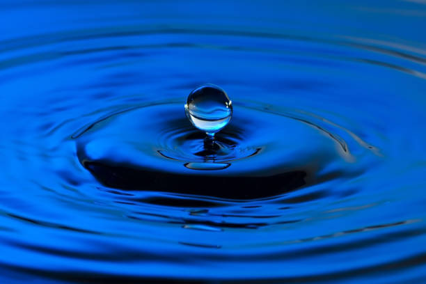 istock Water drop close up with concentric ripples on colourful blue surface 899078146